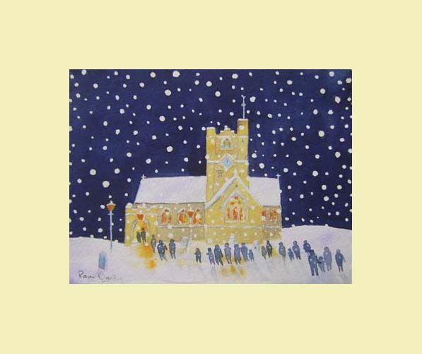 Christmas snow scene - carols at church